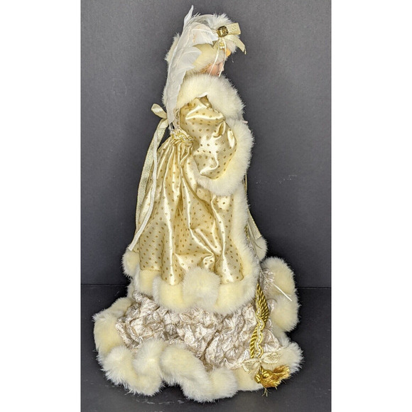 Angel Tree Topper 17" Gold Ivory Porcelain Face & Hands Feather Wings Fur Robe - Picture 3 of 9